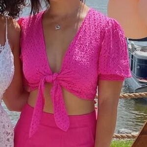Bebe Pink Eyelet Tie-Front Top